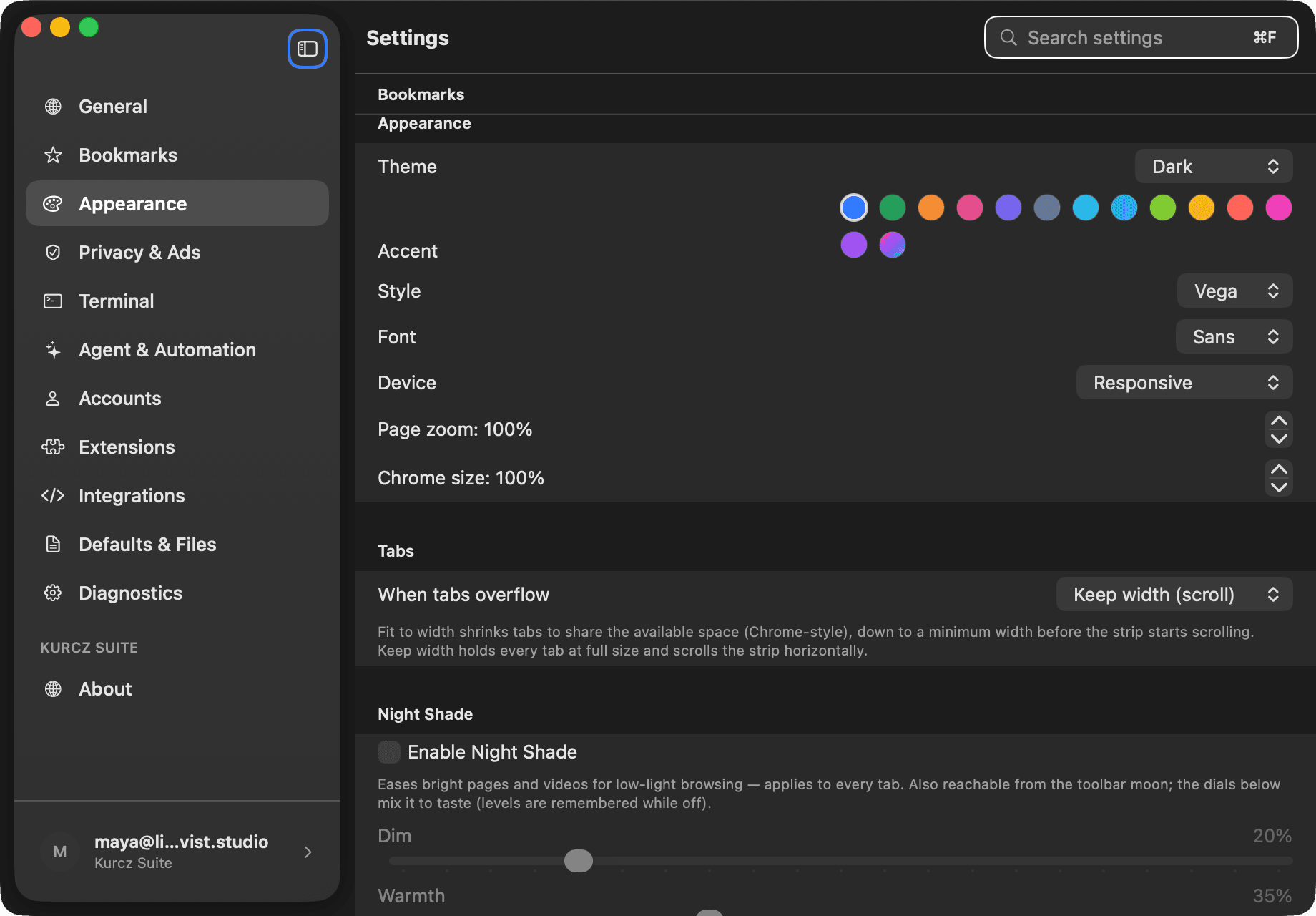 BrowserX — Per-window palettes, accents and styles in the suite settings shell
