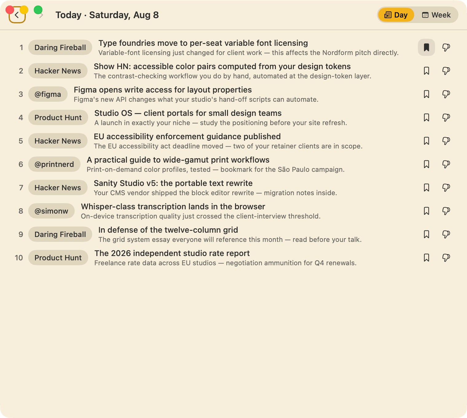 DailyBrief — Today's ten, each with why it matters to you — the day read in one screen instead of five feeds