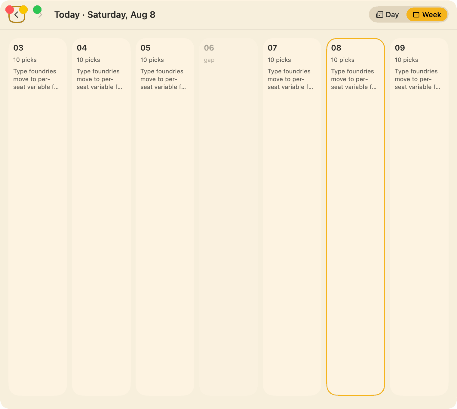 DailyBrief — The week at a glance — every day's picks, and the days the run didn't happen shown honestly