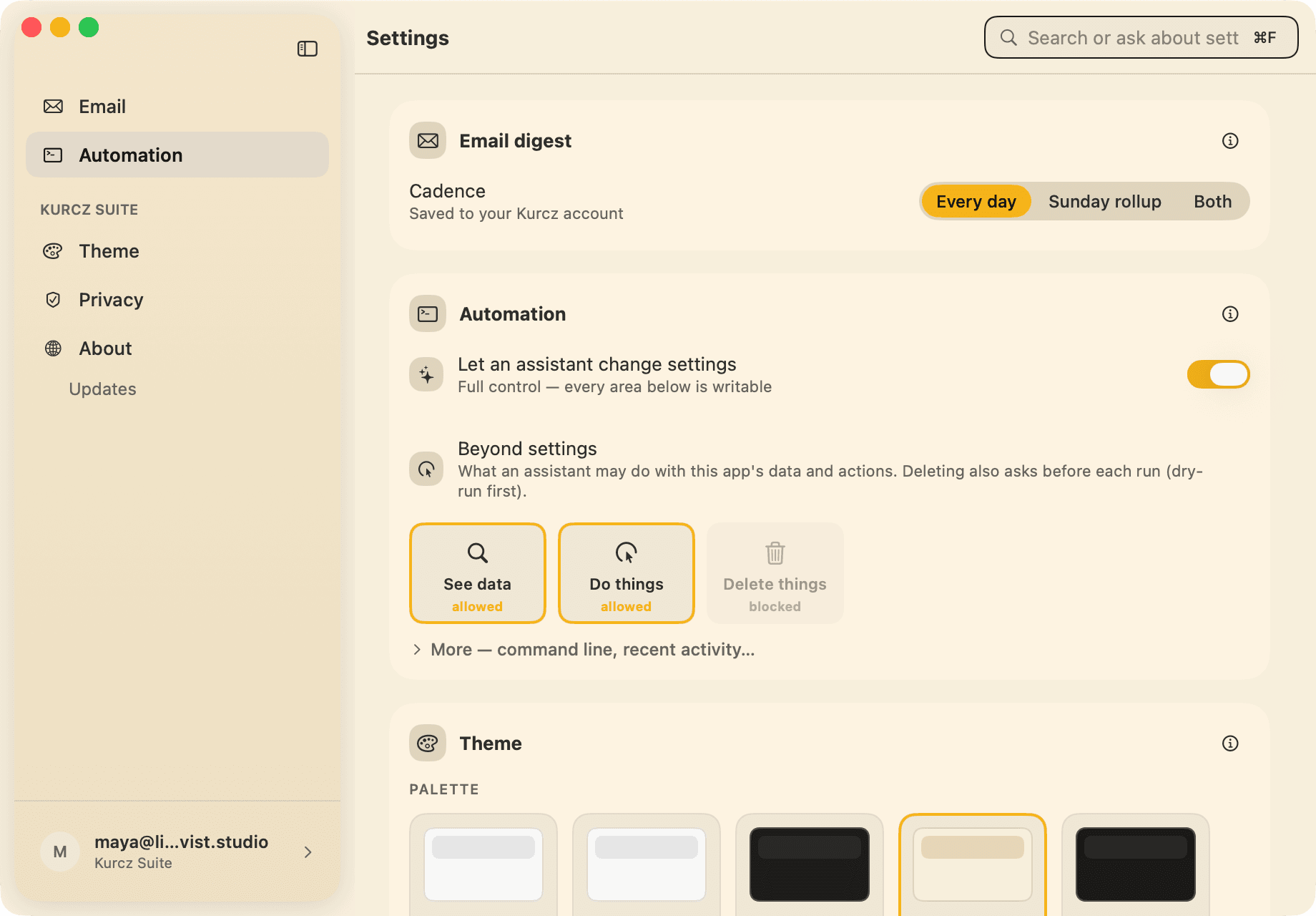 DailyBrief — Theme, account, and privacy in the suite settings shell
