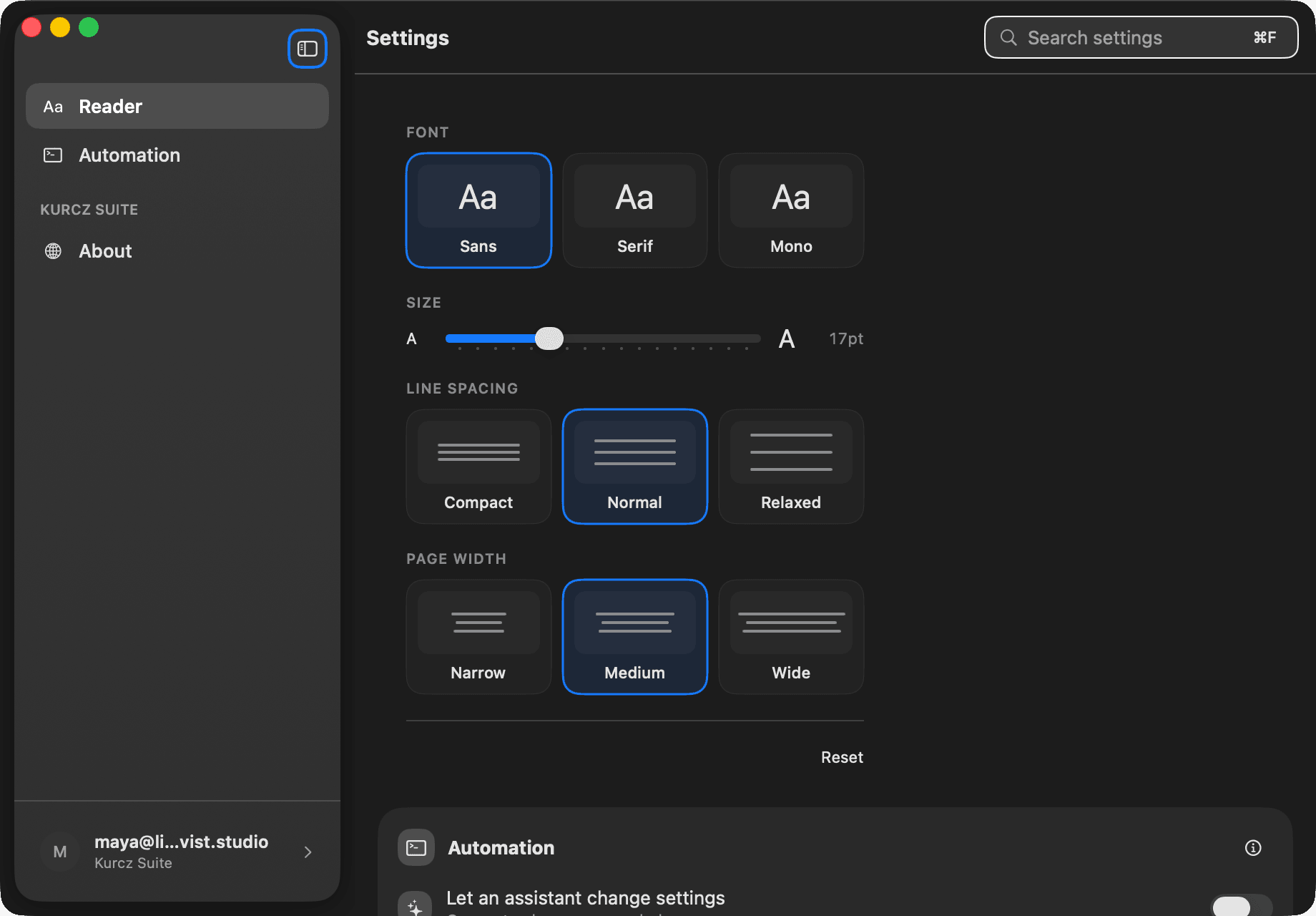 Quill — Reader appearance and agent automation in the suite settings shell
