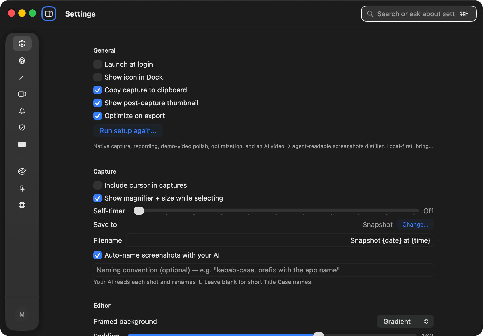 Snapshot — Capture, editor and recording behavior in the suite settings shell