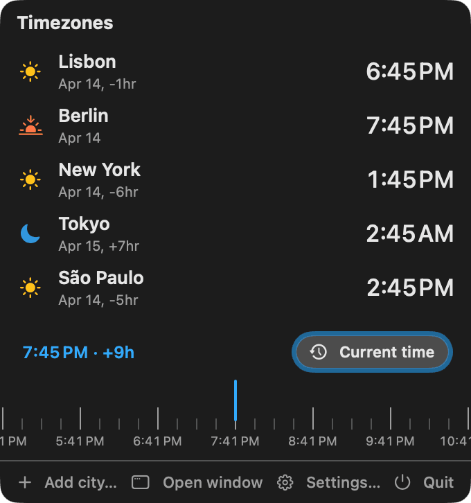Timezones — Slide the ruler — see what 6:45 PM at home is in Tokyo, New York and São Paulo