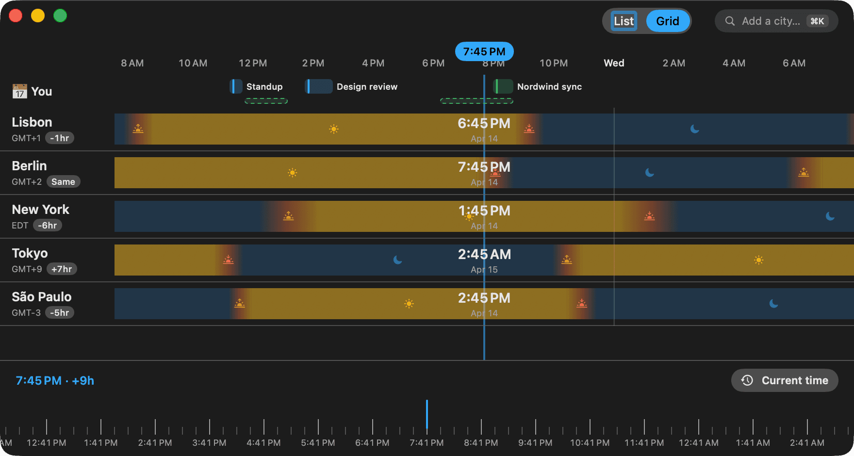 Timezones — The Mac window: a day of every city at a glance — drag anywhere to convert