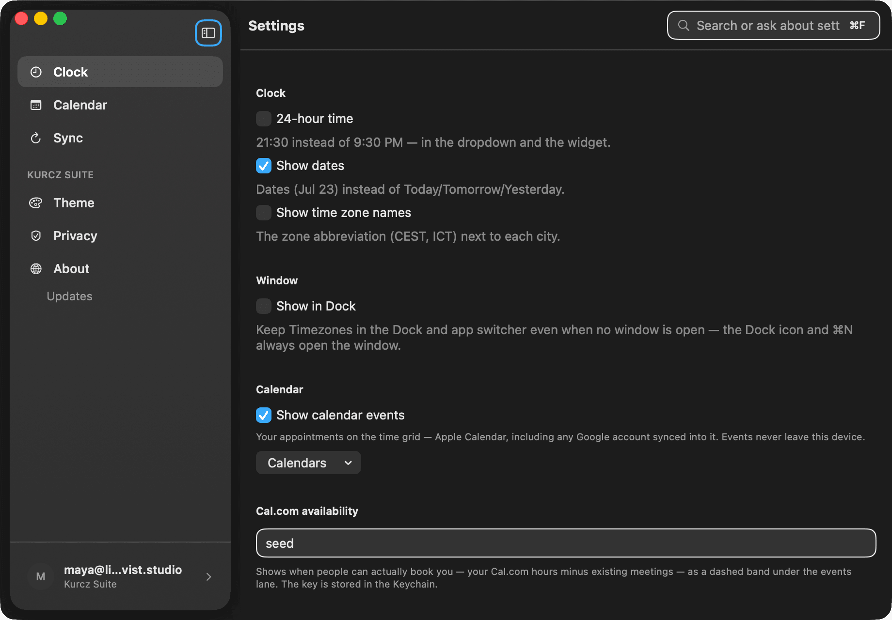 Timezones — Clock format, dates and zone names in the suite settings shell
